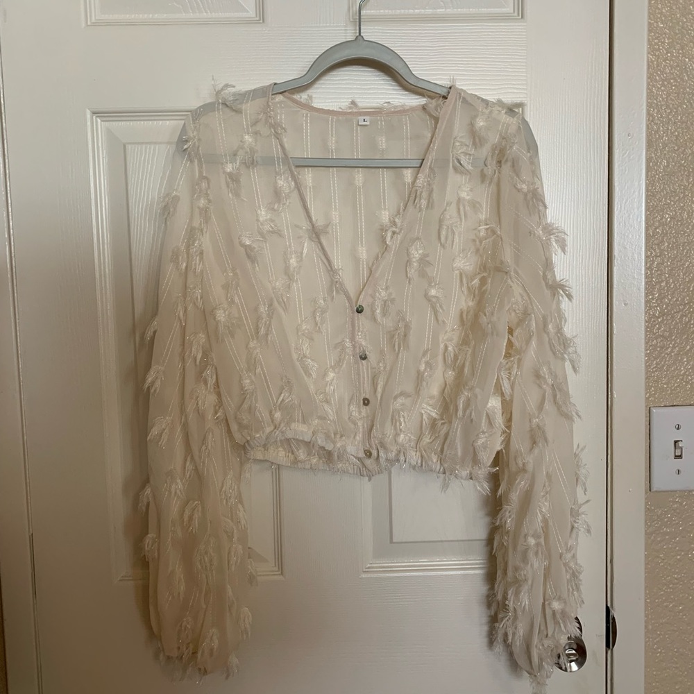 Flouncy sheer feather blouse top size L